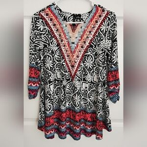 Womens New Directions Navy and Red Tunic with Intricate Patterns